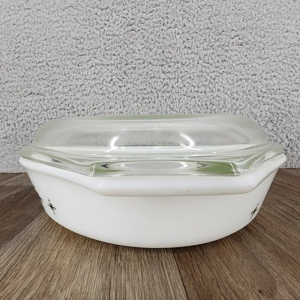 Vintage Pyrex Black Starburst Divided Casserole Dish 1.5 Qt with Lid 063 MCM